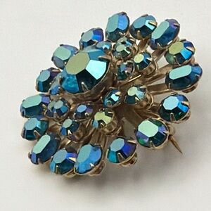 Vintage Signed Coro Teal Blue AB Rhinestone Brooch Silver Tone Starburst